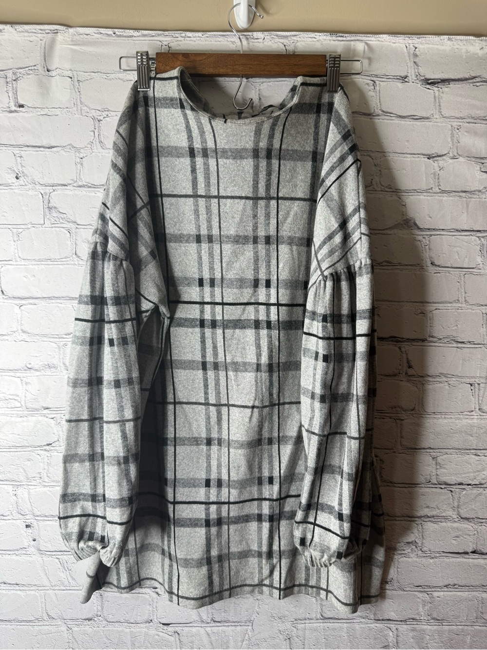 Zara Gray Plaid tunic mini dress with puff sleeves size small
